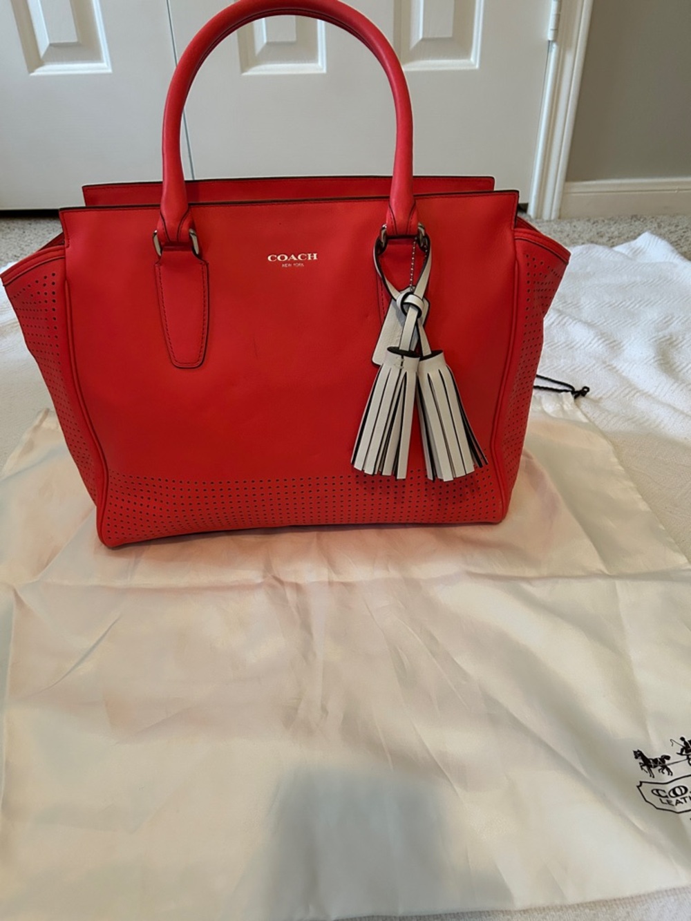 Vintage Coach Legacy Coral Leather Tote with Contrast Tassel Charm